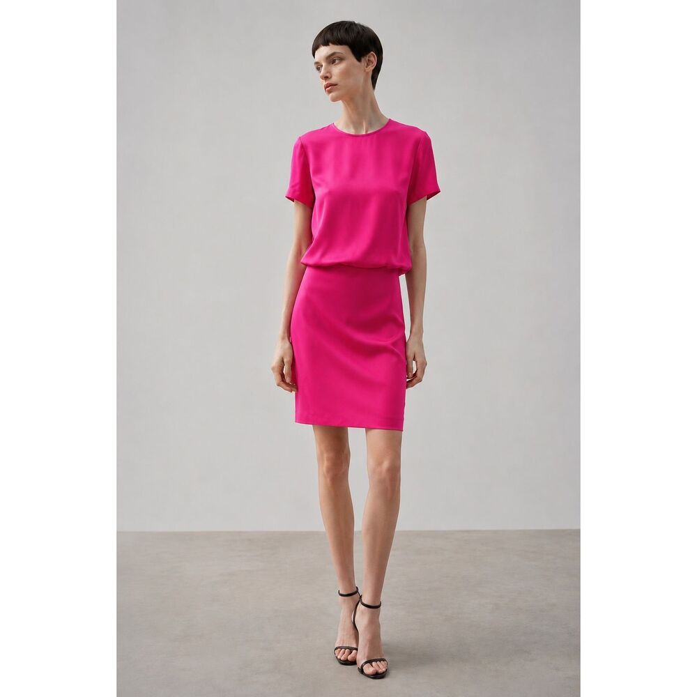 Cedric Charlier Women’s Fuchsia Pink Silk Satin Short Sleeve Sheath Dress Size 6